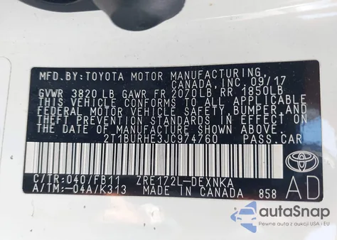 2018 Toyota Corolla Le из США, поврежденный, VIN 2T1BURHE3JC974760